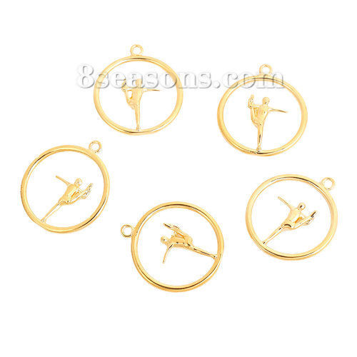 Immagine di Ottone Lilliput Ginnastica pratica Charms Tondo Oro Placcato Uomini 29mm x 26mm , 2 Pz