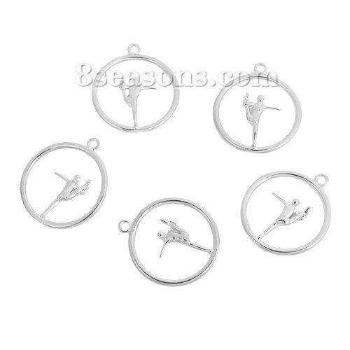 Immagine di Ottone Lilliput Ginnastica pratica Charms Tondo Tono Argento Uomini 29mm x 26mm , 2 Pz