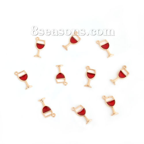 Picture of Zinc Based Alloy Charms Wine Glass Gold Plated Red Enamel 19mm( 6/8") x 9mm( 3/8"), 20 PCs