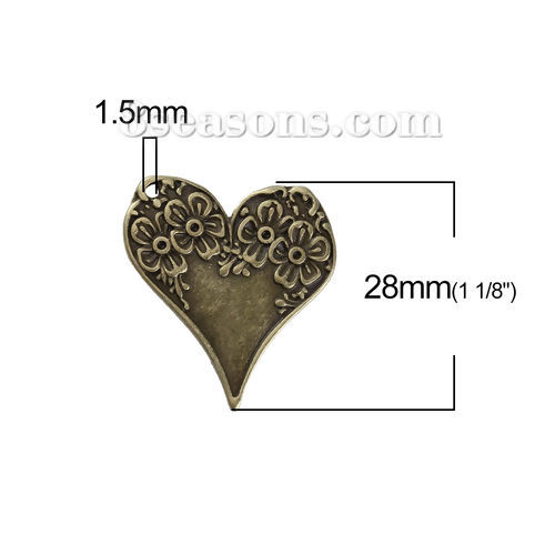 Imagen de Zamak Colgantes Charms Corazón Tono Bronce Flor 28mm x 26mm, 10 Unidades