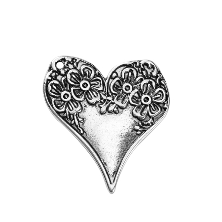 Picture of Zinc Based Alloy Charms Heart Antique Silver Color Flower 28mm(1 1/8") x 26mm(1"), 10 PCs