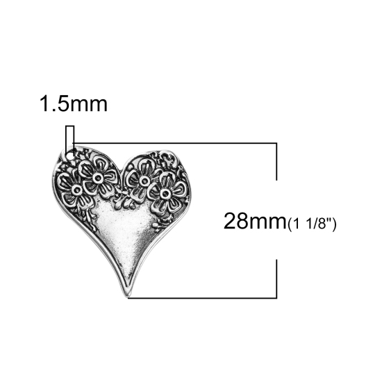 Bild von Zinklegierung Charms Herz Antiksilber Blumen 28mm x 26mm, 10 Stück