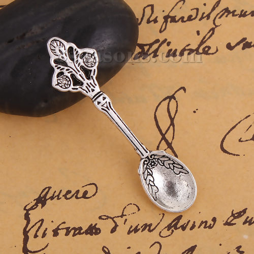 Picture of Zinc Based Alloy 3D Pendants Spoon Antique Silver Color 60mm(2 3/8") x 15mm( 5/8"), 20 PCs