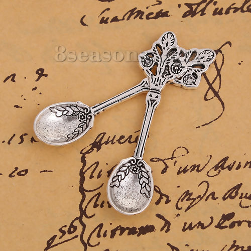 Picture of Zinc Based Alloy 3D Pendants Spoon Antique Silver Color 60mm(2 3/8") x 15mm( 5/8"), 20 PCs