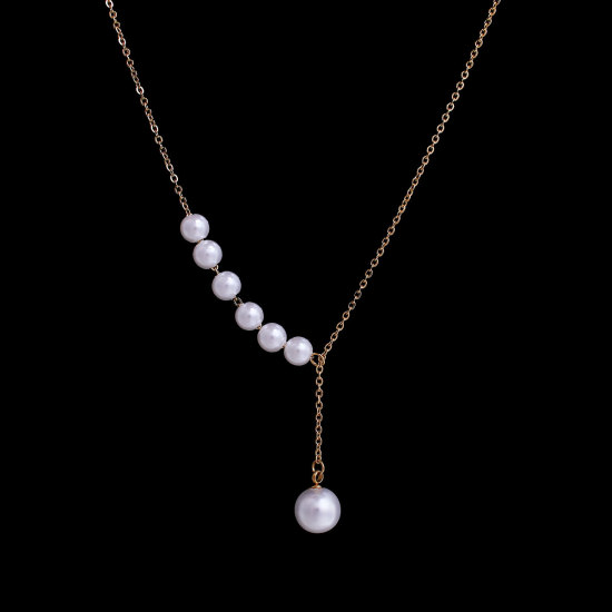Image de Colliers en 304 Acier Inoxydable Perles Imitées Doré Blanc 43.5cm Long, 1 Pièce