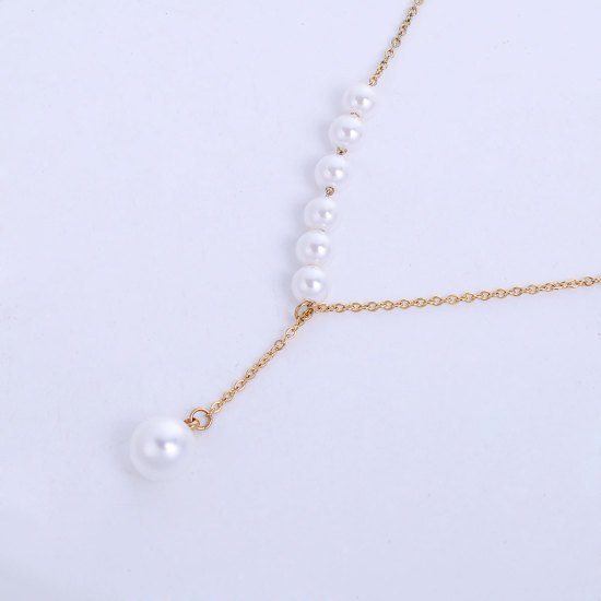 Image de Colliers en 304 Acier Inoxydable Perles Imitées Doré Blanc 43.5cm Long, 1 Pièce