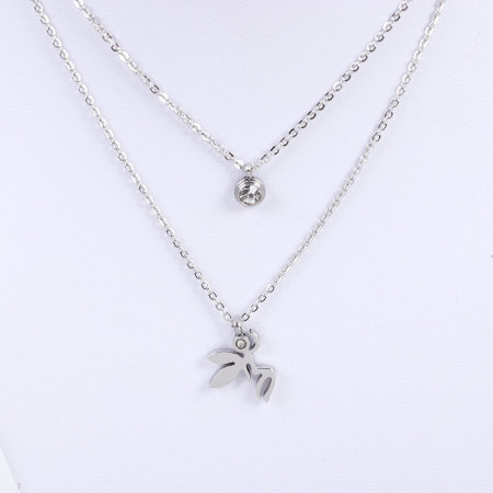 304 Stainless Steel Double Layer Necklace Silver Tone Angel Round Clear Rhinestone 41cm(16 1/8") long, 1 Piece