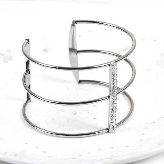 Image de Bracelet Manchette Jonc Semi-Ouvert en 304 Acier Inoxydable Transparent Strass Argent Mat 16cm 1 Pièce
