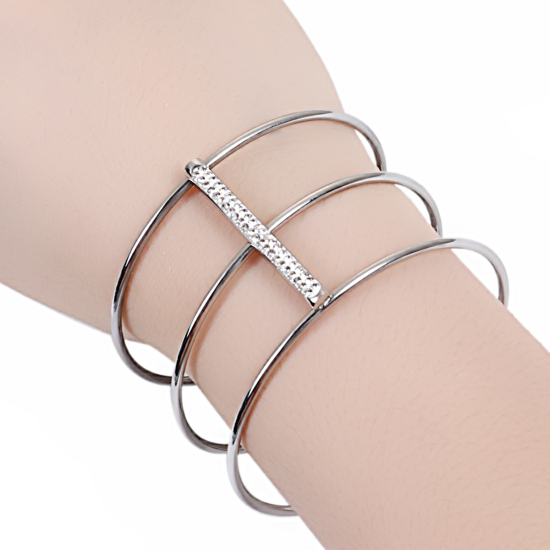 Image de Bracelet Manchette Jonc Semi-Ouvert en 304 Acier Inoxydable Transparent Strass Argent Mat 16cm 1 Pièce