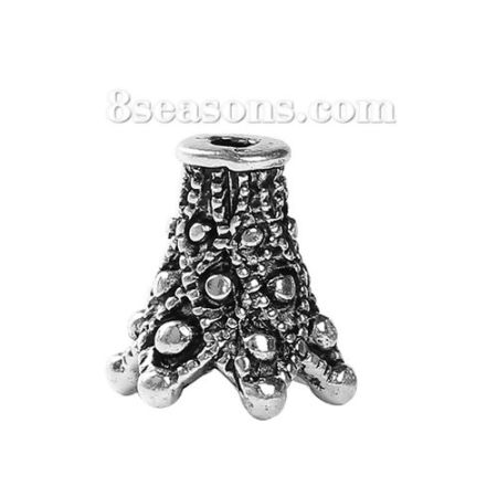 Immagine di Lega di Zinco Coppette Copriperla Fiore Argento Antico (Addetti 10mm Perline) 13mm x 13mm, 10 Pz