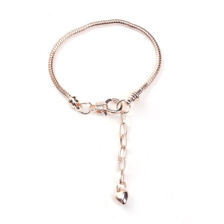 Браслеты Цепь Змейка В Стиле Пандора, Браслеты Сердце Подвеска Розово-золотой,С Застежкой Когтям Омарой И Пролонгационным Цепочкой, 19см длина, 1 ШТ