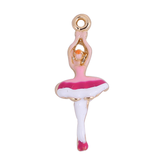 Immagine di Lega di Zinco Charms Ballerina Oro Placcato Bianco & Rosa Smalto 23mm x 9mm , 5 Pz