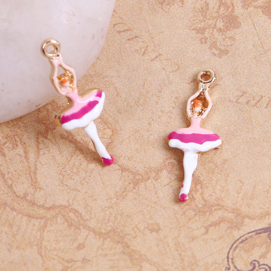 Immagine di Lega di Zinco Charms Ballerina Oro Placcato Bianco & Rosa Smalto 23mm x 9mm , 5 Pz