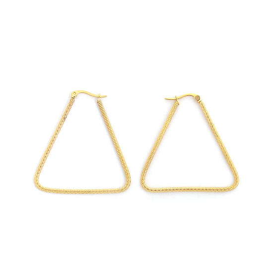 Imagen de 304 Acero Inoxidable Pendientes Círculos Chapado en Oro Triángulo 46mm x 42mm, Post/ Wire Size: (17 gauge), 1 Par