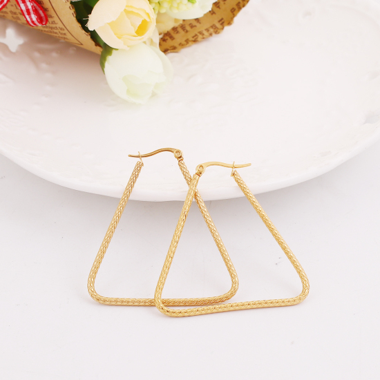 Imagen de 304 Acero Inoxidable Pendientes Círculos Chapado en Oro Triángulo 46mm x 42mm, Post/ Wire Size: (17 gauge), 1 Par