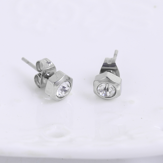 304ステンレス鋼 イヤリング シルバートーン 六角 7mm x 6mm、 ワイヤーサイズ: （20号）、 1 ペア の画像