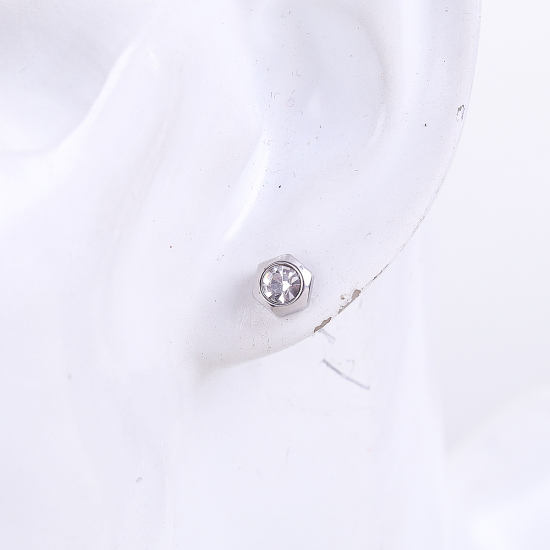 304ステンレス鋼 イヤリング シルバートーン 六角 7mm x 6mm、 ワイヤーサイズ: （20号）、 1 ペア の画像