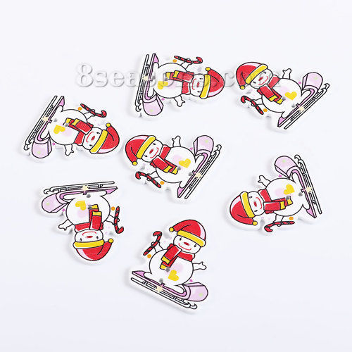 Imagen de Madera Terciada Botón de Costura Scrapbooking Dos Agujeros Muñeco de nieve Blanco & Rojo 35mm x 31mm, 50 Unidades