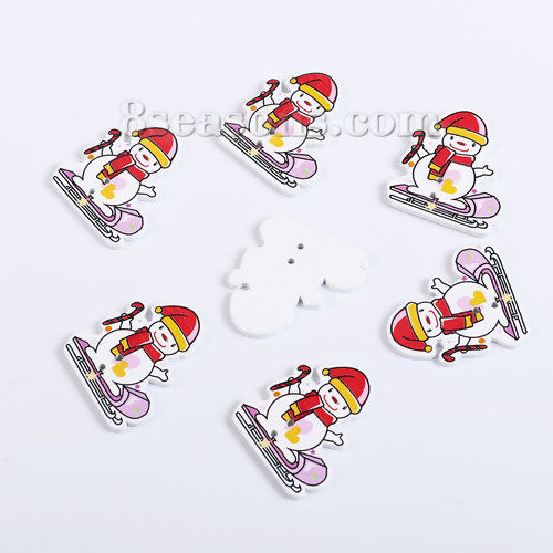 Imagen de Madera Terciada Botón de Costura Scrapbooking Dos Agujeros Muñeco de nieve Blanco & Rojo 35mm x 31mm, 50 Unidades