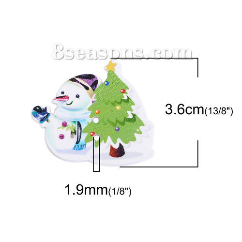 Imagen de Madera Terciada Botón de Costura Scrapbooking Dos Agujeros Muñeco de nieve Blanco & Verde Árbol Navideño Navidad 36mm x 30mm, 50 Unidades