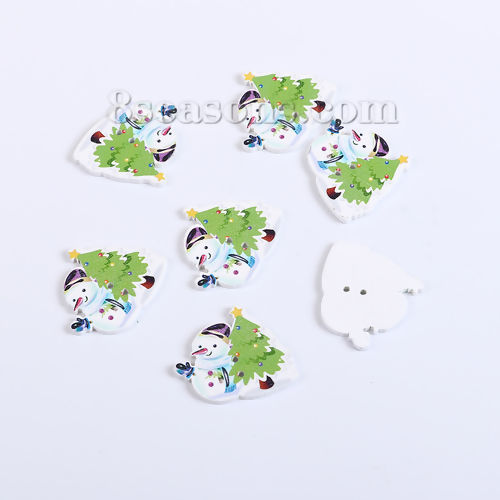 Imagen de Madera Terciada Botón de Costura Scrapbooking Dos Agujeros Muñeco de nieve Blanco & Verde Árbol Navideño Navidad 36mm x 30mm, 50 Unidades
