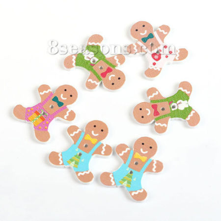 Three-ply Board Sewing Buttons Scrapbooking Two Hole Christmas Ginger Bread Man At Random Mixed 30mm(1 1/8") x 24mm(1"), 50 PCs