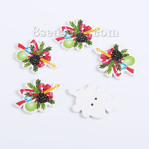 Imagen de Madera Terciada Navidad Botón de Costura Scrapbooking Dos Agujeros Bellota Multicolor Campana 35mm x 25mm, 50 Unidades