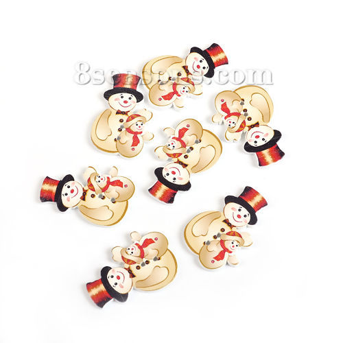 Picture of Three-ply Board Sewing Buttons Scrapbooking Two Hole Christmas Snowman White & Red 36mm(1 3/8") x 25mm(1"), 50 PCs