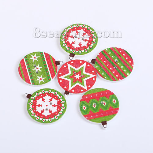 Immagine di Tre-Laminati Bottone da Cucire Scrapbook Due Fori Tondo Rosso & Verde Fiocco di Neve Disegno 30mm x 26mm, 50 Pz