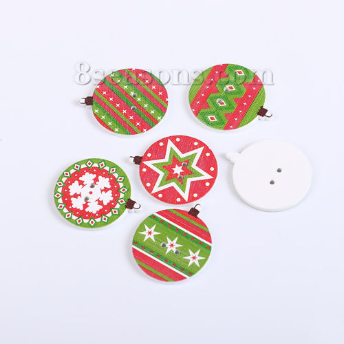 Immagine di Tre-Laminati Bottone da Cucire Scrapbook Due Fori Tondo Rosso & Verde Fiocco di Neve Disegno 30mm x 26mm, 50 Pz