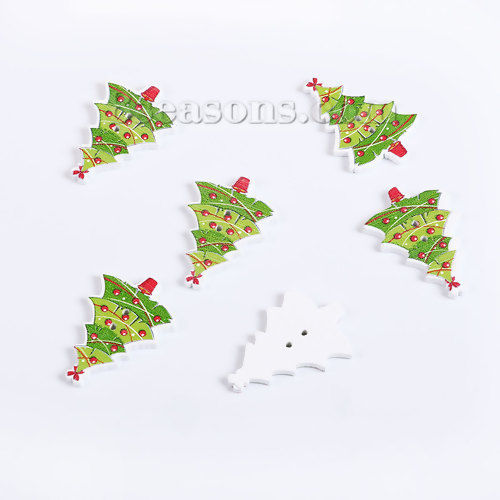 Picture of Three-ply Board Sewing Buttons Scrapbooking Two Hole Christmas Tree Red & Green 35mm(1 3/8") x 24mm(1"), 50 PCs