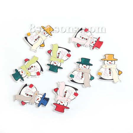 Трех-слойная Доска Рождественский Снеговик Случайно Пуговицы Два Отверстия 35мм x 26мм, 50 ШТ