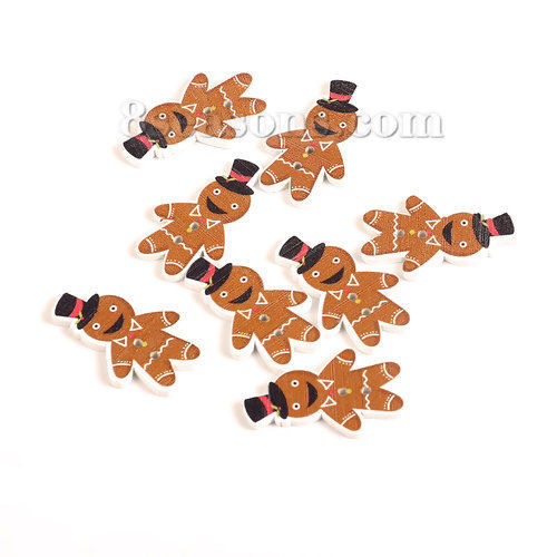 Immagine di Tre-Laminati Bottone da Cucire Scrapbook Due Fori Ginger Bread Man di Natale Marrone 35mm x 21mm, 50 Pz
