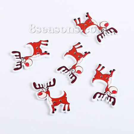 Three-ply Board Sewing Buttons Scrapbooking Two Hole Christmas Reindeer Brown Red 35mm(1 3/8") x 25mm(1"), 50 PCs