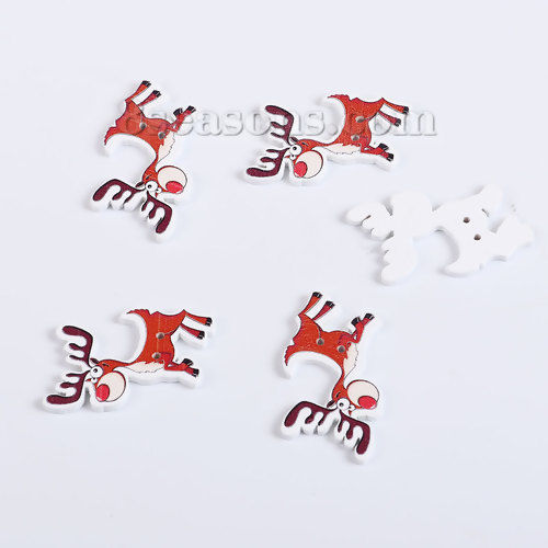 Picture of Three-ply Board Sewing Buttons Scrapbooking Two Hole Christmas Reindeer Brown Red 35mm(1 3/8") x 25mm(1"), 50 PCs