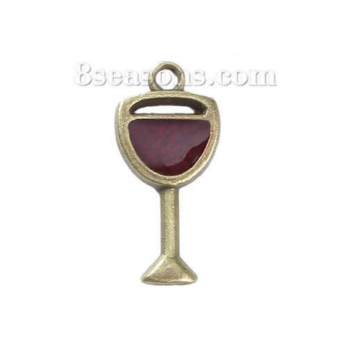 Picture of Zinc Based Alloy Charms Tableware Wine Glass Goblet Antique Bronze Red Enamel 20mm( 6/8") x 9mm( 3/8"), 30 PCs