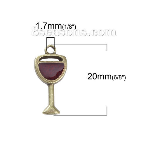 Picture of Zinc Based Alloy Charms Tableware Wine Glass Goblet Antique Bronze Red Enamel 20mm( 6/8") x 9mm( 3/8"), 30 PCs