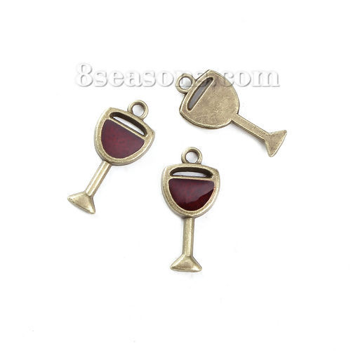 Picture of Zinc Based Alloy Charms Tableware Wine Glass Goblet Antique Bronze Red Enamel 20mm( 6/8") x 9mm( 3/8"), 30 PCs