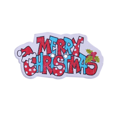 Bouton de Couture en Contre-Plaqué 2 Trous Message Rouge & Bleu " Merry Christmas" 35mm x 19mm, 50 Pcs