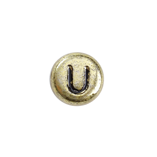Image de Perles en Acrylique Rond Or Initial Alphabet/ Lettre " U " 7mm Dia, Taille de Trou: 1mm, 300 Pcs