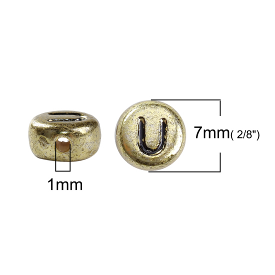 Image de Perles en Acrylique Rond Or Initial Alphabet/ Lettre " U " 7mm Dia, Taille de Trou: 1mm, 300 Pcs