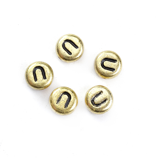 Image de Perles en Acrylique Rond Or Initial Alphabet/ Lettre " U " 7mm Dia, Taille de Trou: 1mm, 300 Pcs