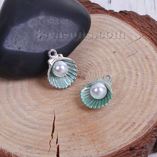 Picture of Zinc Based Alloy One Pearl Jewelry Charms Shell Silver Tone White & Green Acrylic Imitation Pearl 15mm( 5/8") x 12mm( 4/8"), 20 PCs