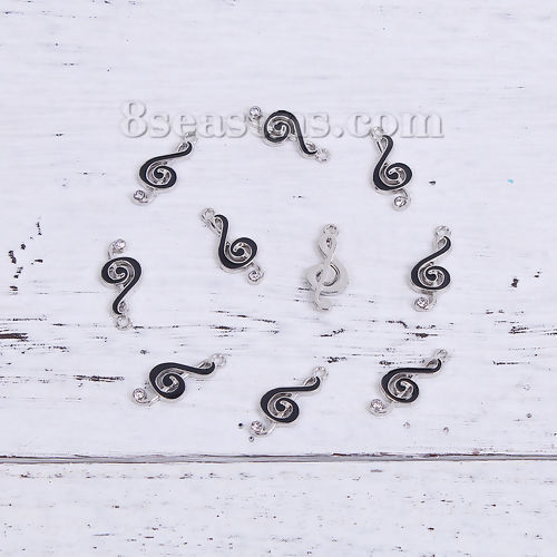Imagen de Zamak Música Colgantes Charms Nota musical Tono de Plata Negro Transparente Rhinestone Esmalte 22mm x 10mm, 20 Unidades