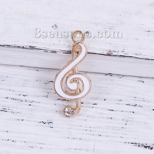 Picture of Zinc Based Alloy Music Charms Musical Note Gold Plated White Clear Rhinestone Enamel 22mm( 7/8") x 10mm( 3/8"), 20 PCs