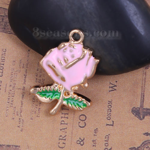 Изображение Стиль Эмали Цветочного Сада Цинковый Сплав Подвески роза Позолоченный Розовый & Зеленый 25мм x 17мм, 10 ШТ