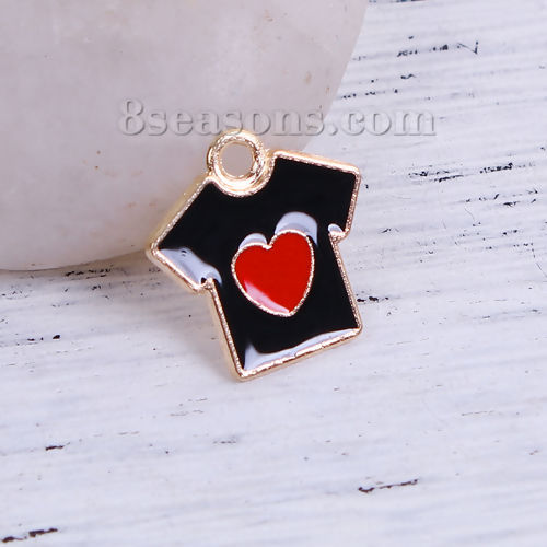 Picture of Zinc Based Alloy Charms Clothes Gold Plated Black & Red Heart Enamel 16mm( 5/8") x 16mm( 5/8"), 20 PCs