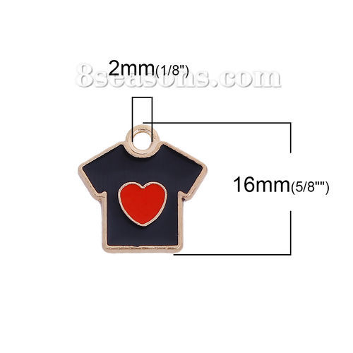 Picture of Zinc Based Alloy Charms Clothes Gold Plated Black & Red Heart Enamel 16mm( 5/8") x 16mm( 5/8"), 20 PCs