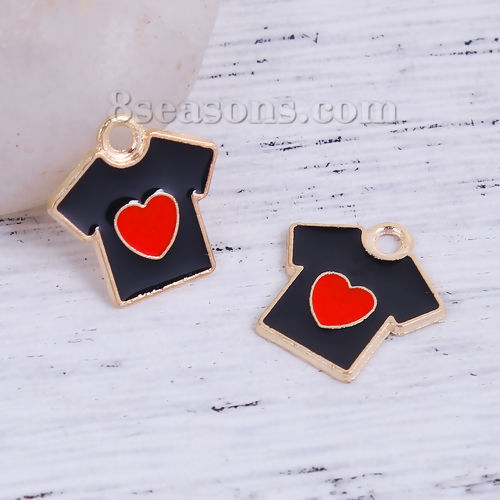 Picture of Zinc Based Alloy Charms Clothes Gold Plated Black & Red Heart Enamel 16mm( 5/8") x 16mm( 5/8"), 20 PCs