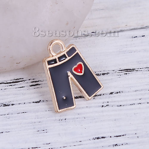 Picture of Zinc Based Alloy Charms Trousers Gold Plated Black & Red Heart Enamel 15mm( 5/8") x 12mm( 4/8"), 20 PCs